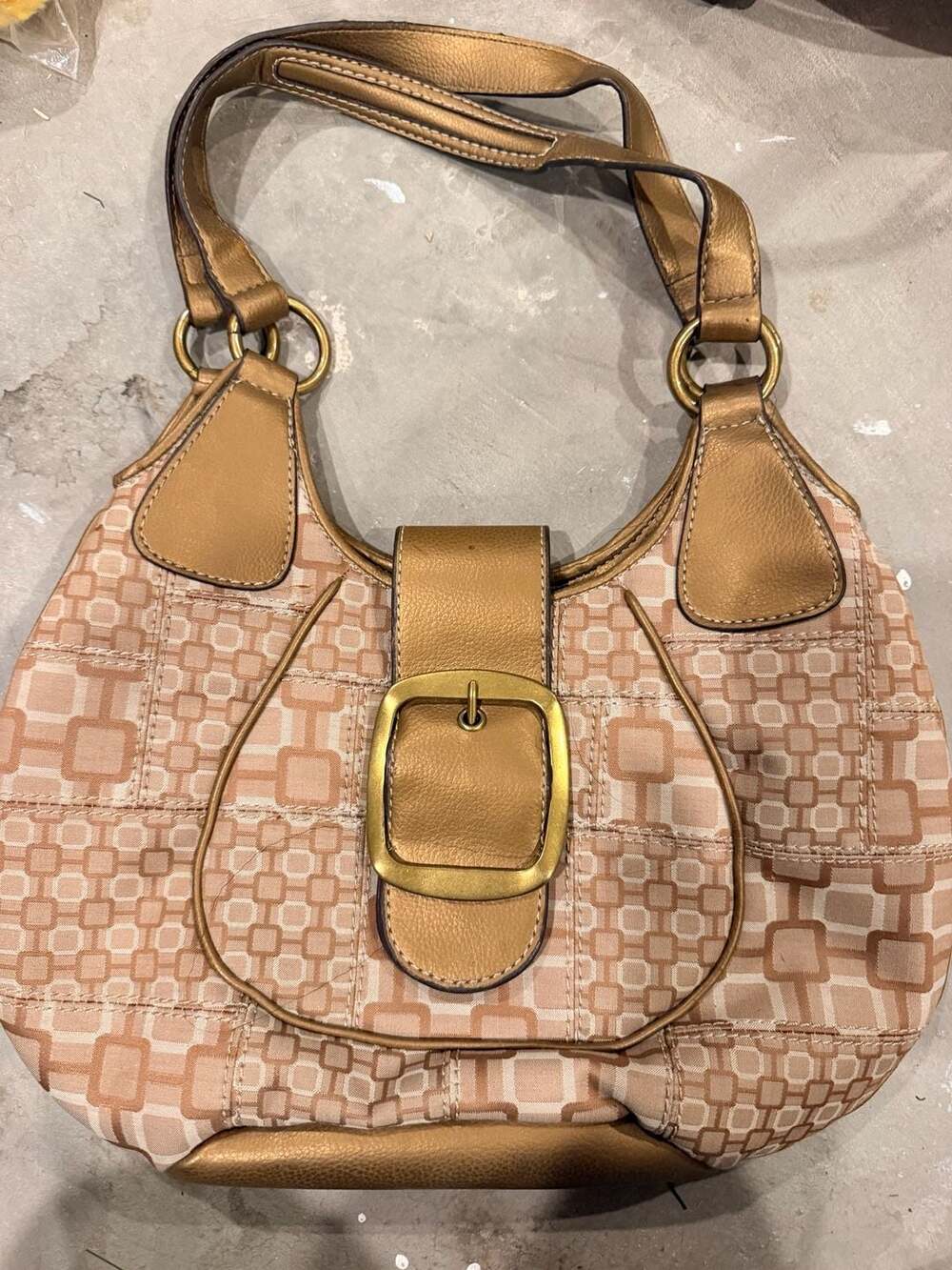 Nine West Geometric Print Canvas and Faux Leather Shoulder Bag with Front Buckle